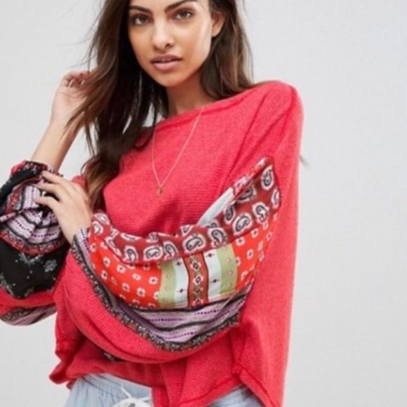 Free People We the Free Blossom thermal balloon sleeve patchwork boho fun top XS - Picture 3 of 11